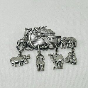 Vintage Jonette Christmas Noah Ark Boat Pin Brooch Silver Pewter Animal Dangling